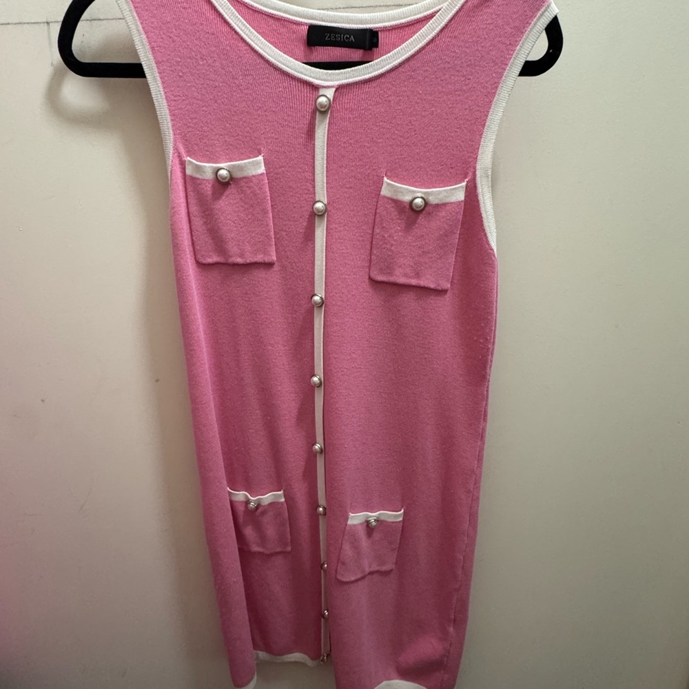 Zesica Pink Sleeveless Dress with White Trim